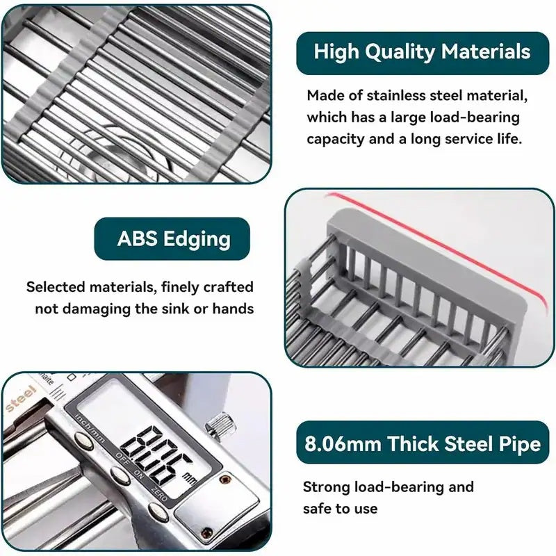 Adjustable Immersion Sink Dish Drying Rack With Stainless Steel Drain Basket