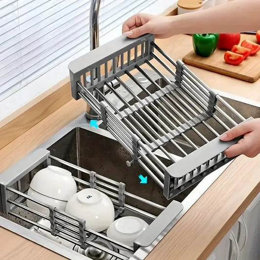 Adjustable Immersion Sink Dish Drying Rack With Stainless Steel Drain Basket