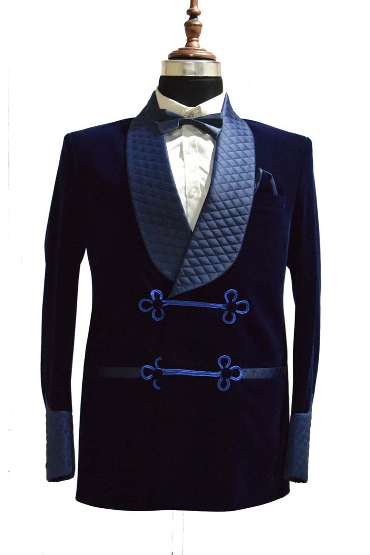 Men Navy Blue Smoking Jacket Dinner Party Wear Blazer - TrendsfashionIN