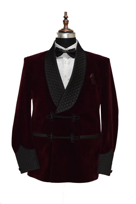 Men Burgundy Smoking Jacket Dinner Party Wear Coat - TrendsfashionIN