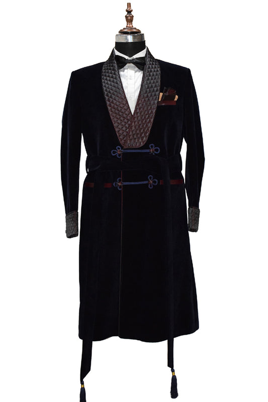 Men Navy Blue Smoking Jacket Wedding Party Wear Long Coat - TrendsfashionIN