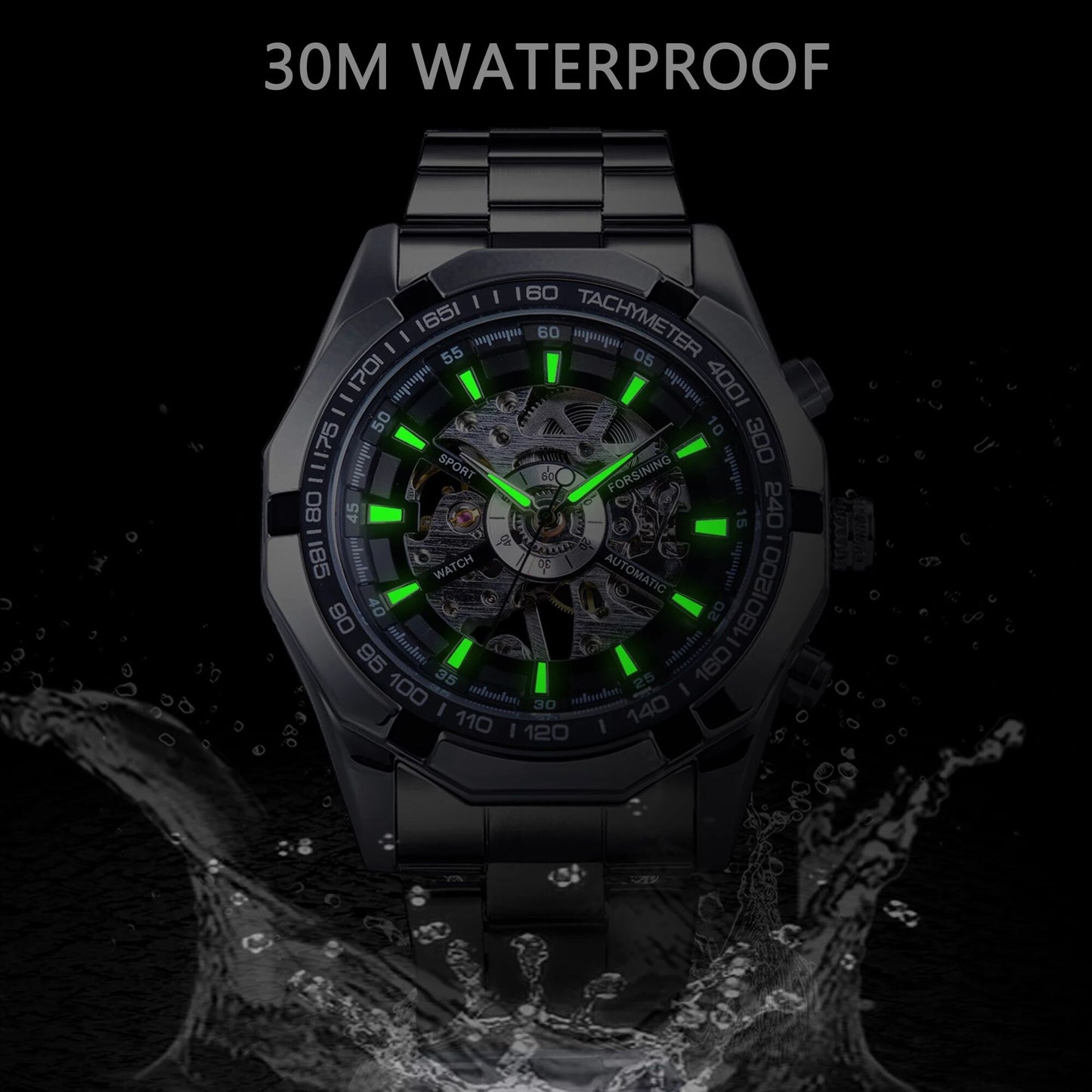 Mens Skeleton Watch Stainless Steel Waterproof watch