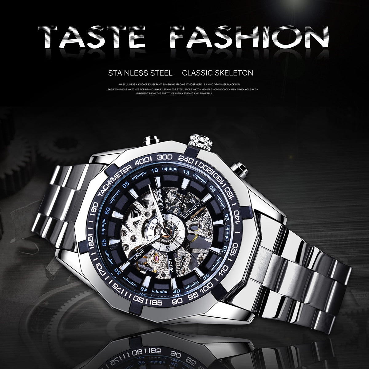 Mens Skeleton Watch Stainless Steel Waterproof watch