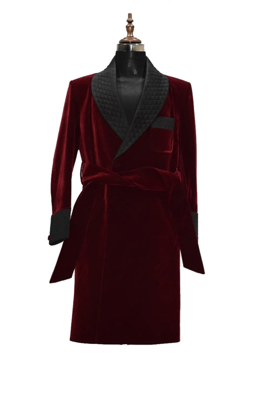 Men Maroon Smoking Jacket Wedding Party Wear Long Coat - TrendsfashionIN