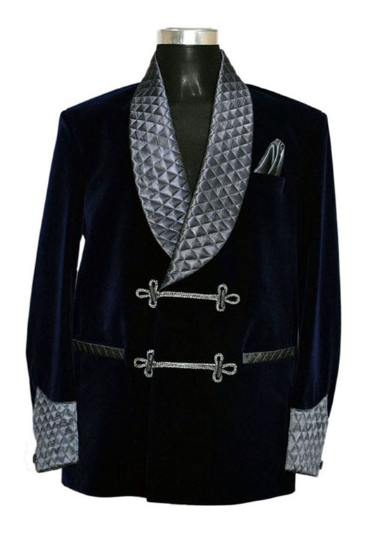 Men Navy Blue Smoking Jacket Dinner Party Wear Blazer - TrendsfashionIN