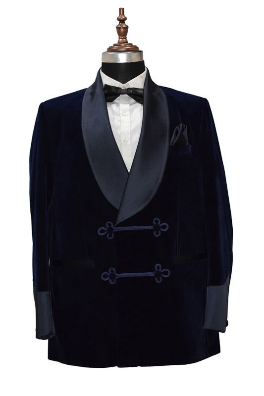 Men Navy Blue Smoking Jacket Dinner Party Wear Blazer - TrendsfashionIN