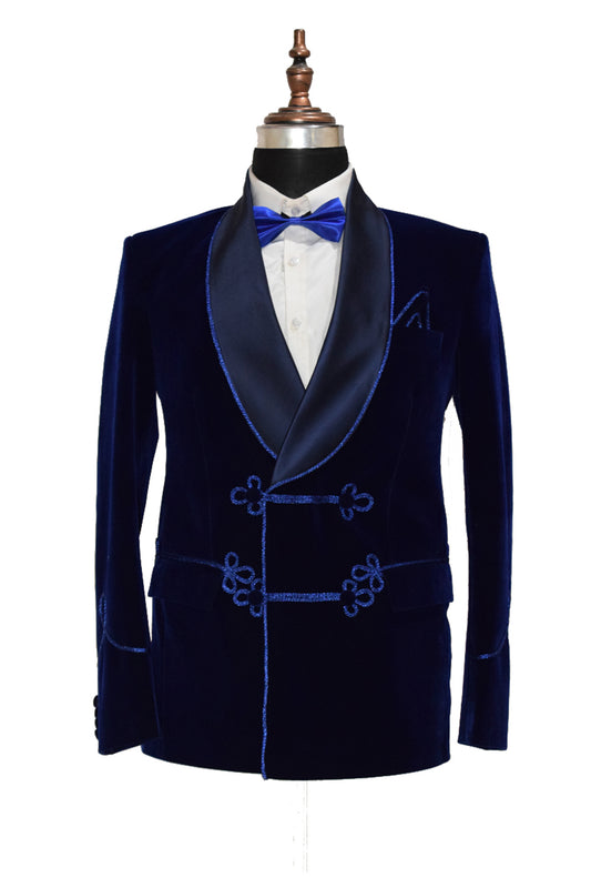 Men Navy Blue Smoking Jacket Dinner Party Wear Blazer - TrendsfashionIN