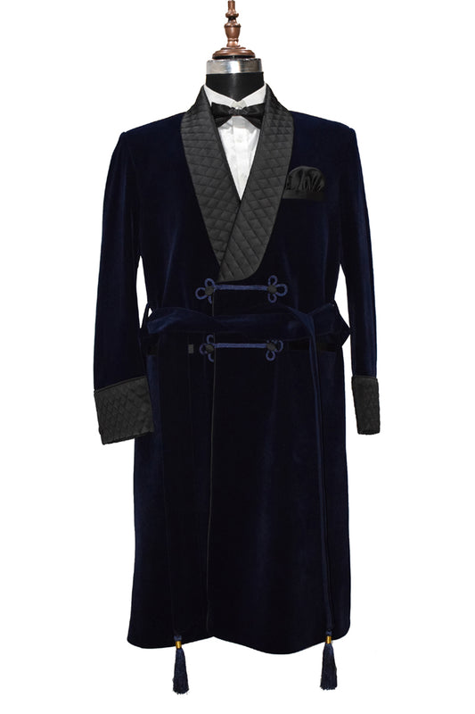 Men Navy Blue Smoking Jacket Wedding Party Wear Long Coat - TrendsfashionIN