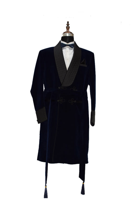 Men Navy Blue Smoking Jacket Party Wear Long Coat - TrendsfashionIN