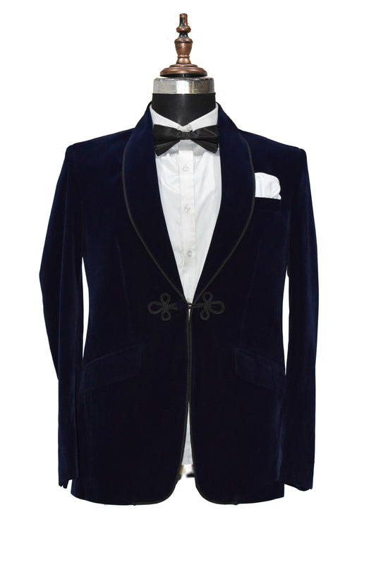 Men Navy Blue Smoking Jacket Dinner Party Wear Coat - TrendsfashionIN