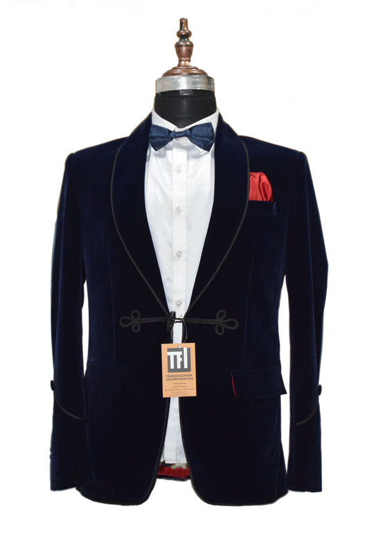 Men Navy Blue Smoking Jacket Dinner Party Wear Coat