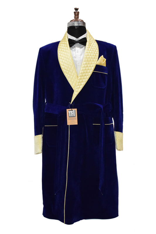 Men Royal Blue Smoking Jacket Designer Party Wear Long Coat