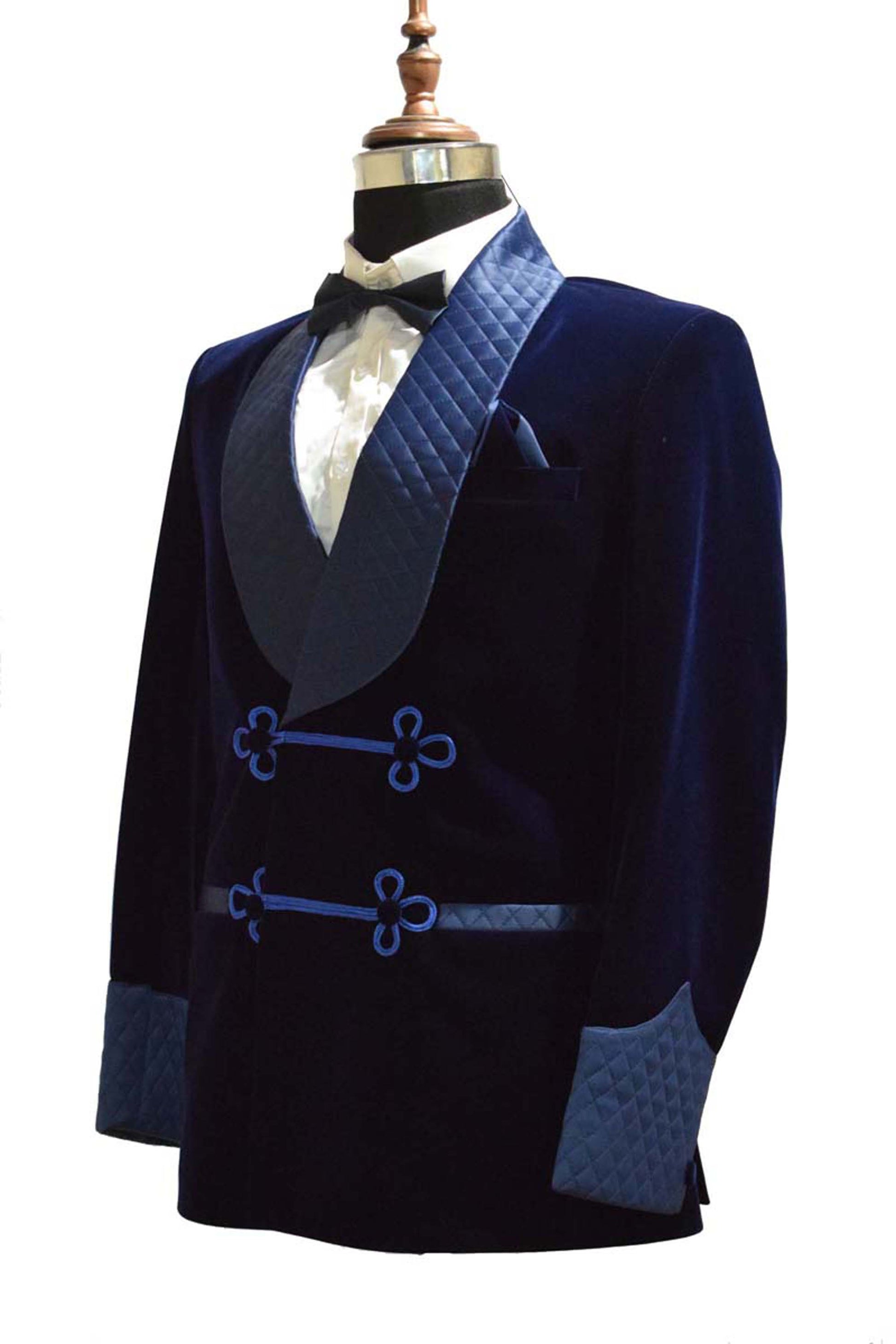 Men Navy Blue Smoking Jacket Dinner Party Wear Blazer - TrendsfashionIN