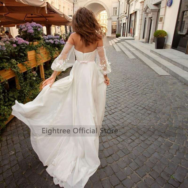 Summer Wedding Dresses Puff Sleeve Split Side Bow Beach Wedding Gowns Women Cheap