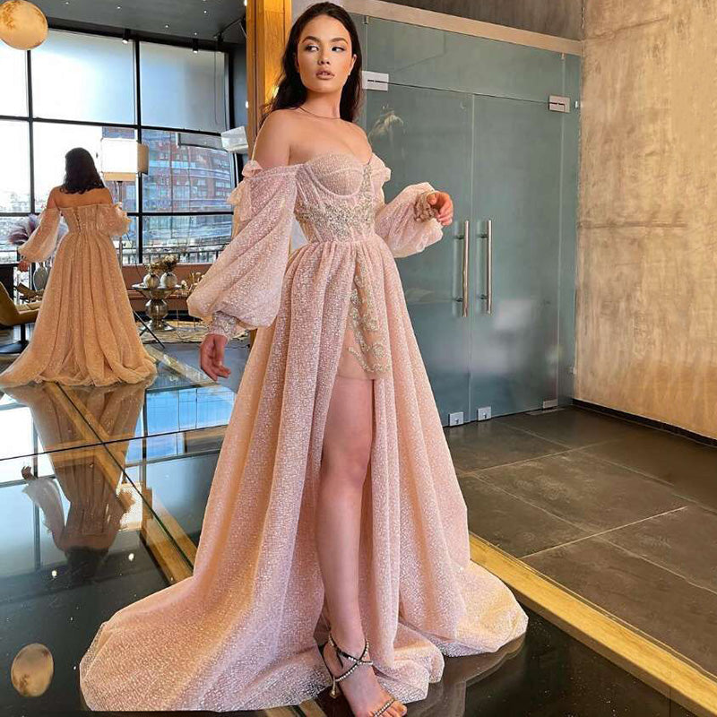 Pink Wedding Dresses Puff Long Sleeve Bride Dress Split Side Wedding Gowns